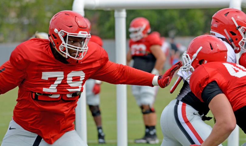 Georgia offensive lineman Isaiah Wilson (79) during the Bulldogs' session on the Woodruff Practice Fields on Aug. 28. (Photo by Steven Colquitt)