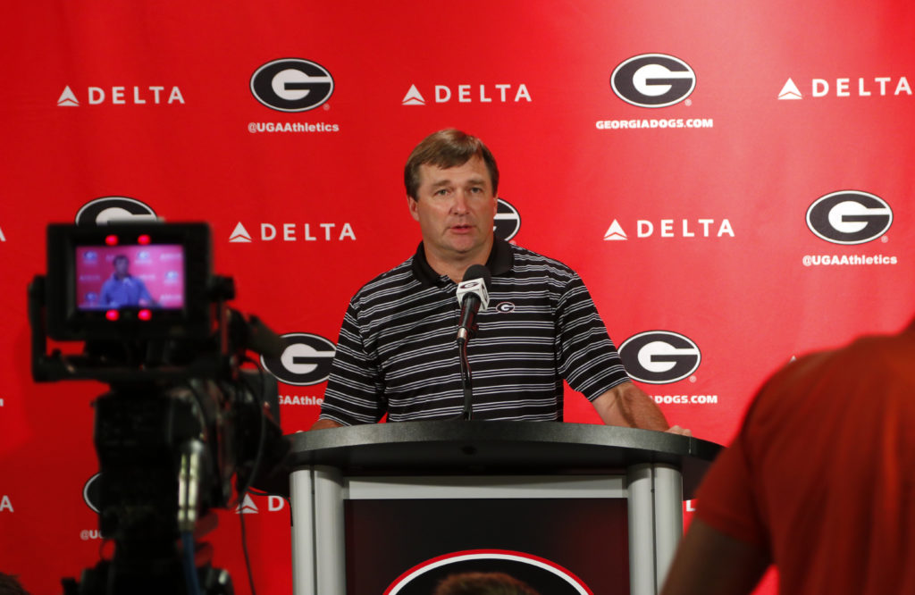 Georgia's head coach Kirby Smart during a press conference at Butts-Mehre Heritage Hall in Athens, Ga., on Monday, Aug. 28, 2017. (Photo by Steffenie Burns)