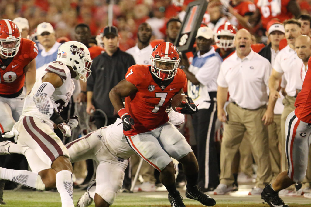 Georgia running back D'Andre Swift (7) during the Bulldogs' game against Mississippi State at Sanford Stadium in Athens, Ga., on Saturday, Sept. 23, 2017. (Photo by Andy Harrison)
