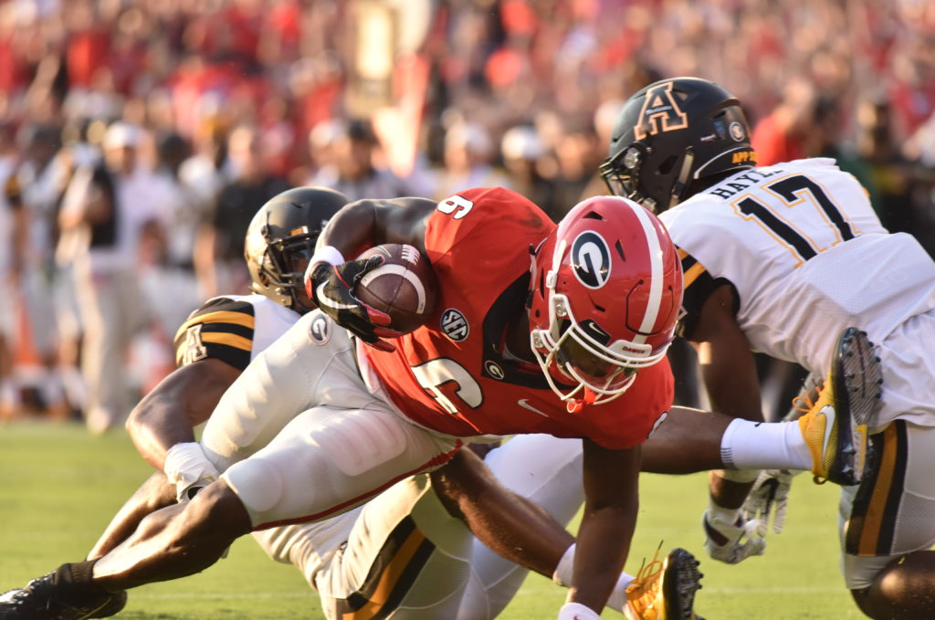 Georgia receiver Javon Wims (6) during the Bulldogs' game against Appalachian State at Sanford Stadium in Athens, Ga., on Saturday, Sept. 2, 2017. (Photo by Perry McIntyre Jr.)