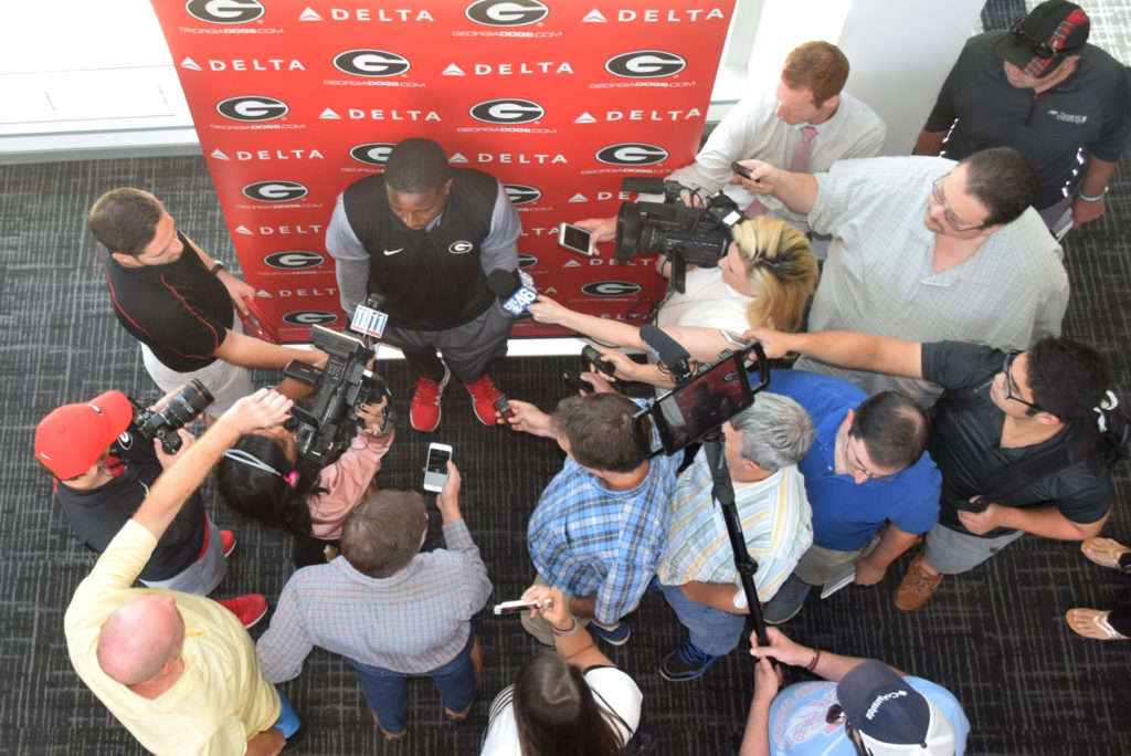 Georgia tailback Sony Michel talks to the media at Butts-Mehre Heritage Hall on Monday. (Steven Colquitt)