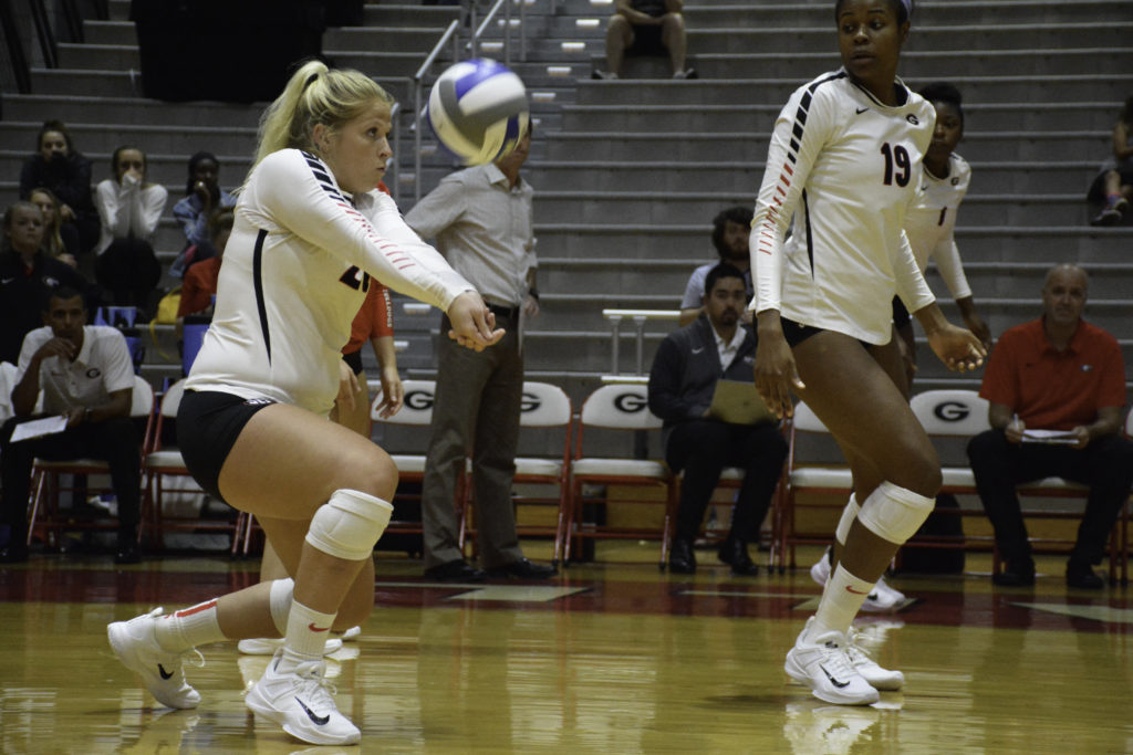 Georgia's Cassidy Anderson (20) during the Bulldogs' game against LIU Brooklyn at the Ramsey Student Center in Athens, Ga. on Saturday, Aug. 26, 2017. (Photo by Caitlyn Tam)