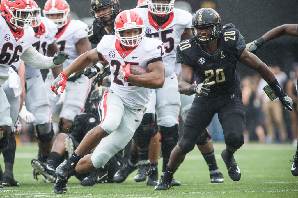 Nick Chubb ran for 138 yards and two touchdowns against Vanderbilt.