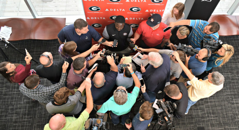 Georgia tailback Sony Michel discusses Saturday’s Auburn during the Bulldogs' media session at Butts-Mehre Heritage Hall on Monday. (Photo by Steven Colquitt)