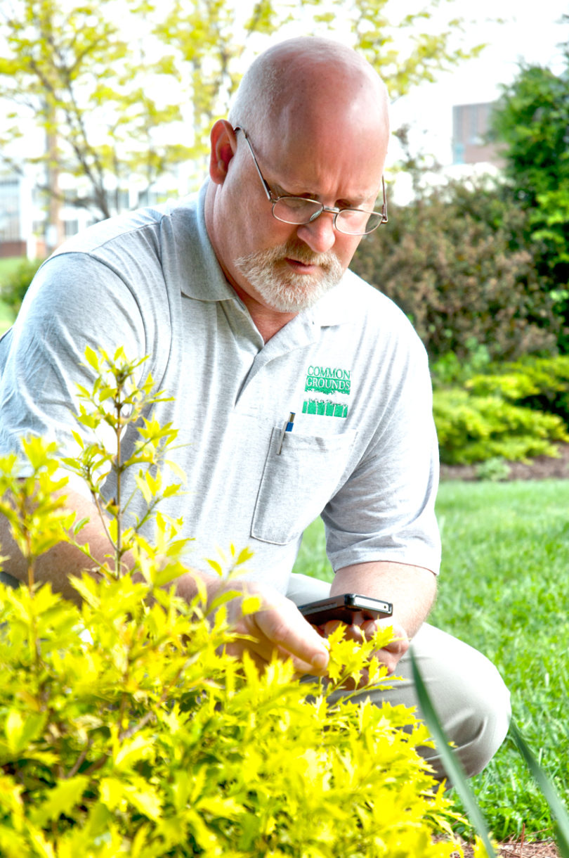 IPM app John Watson with iPhone and shrub 2-v.action