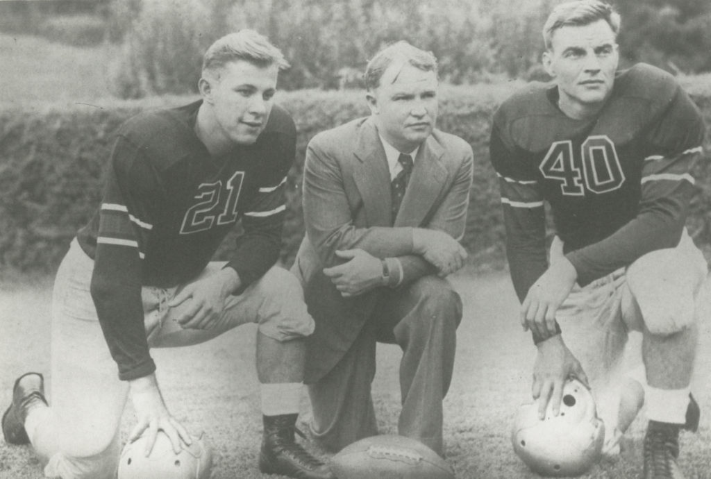 Leading the 1943 Bulldog team to the Rose Bowl were captain Frank Sinkwich, coach Wally Butts and alternate captain Walter Ruark. (Courtesy of Hargrett Rare Book and Manuscript Library/University of Georgia Libraries)
