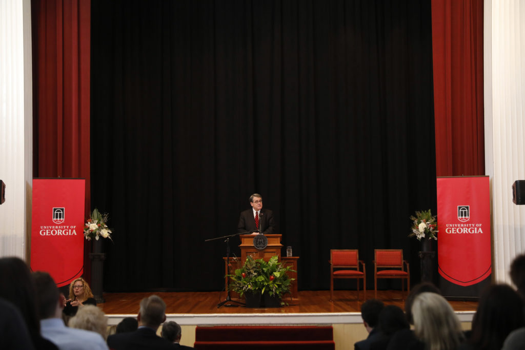 President Morehead addressed a full house in the Chapel to unveil several new academic initiatives.  (Photo by Peter Frey/UGA)