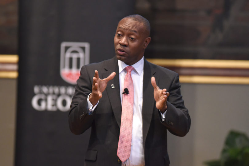Professor Marshall Shepherd told a Founders Day Lecture audience that a big challenge researchers face is how to overcome people’s perceptions and beliefs. (Photo by Wingate Downs)
