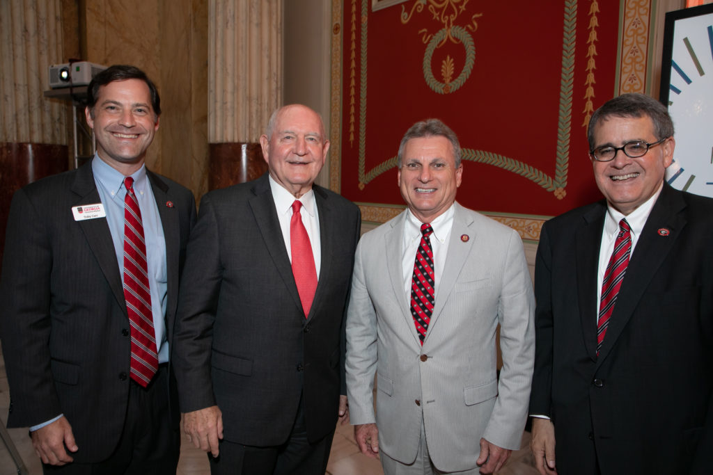 In attendance at the UGA in Washington event were, from left, UGA Vice President for Government Relations Toby Carr, U.S. Secretary of Agriculture Sonny Perdue, U.S. Rep. Buddy Carter and UGA President Jere W. Morehead.