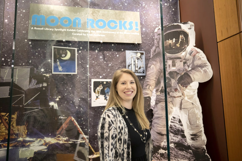 “Moon Rocks!” an exhibition at the Richard B. Russell Building Special Collections Library, celebrates the 50th anniversary of the moon landing. Graduate student Sarah Anderson, who is interning at the libraries, curated the exhibition. (Photo by Peter Frey/UGA).