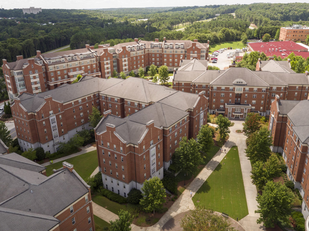 Aerial photos of brick buildings on the university campus