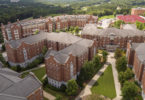 Aerial photos of brick buildings on the university campus