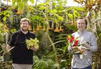 Graduate students Mason McNair and Mark Zenoble in the plant biology greenhouse.