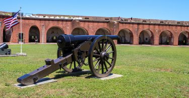 A cannon in front of Fort Pulaski.