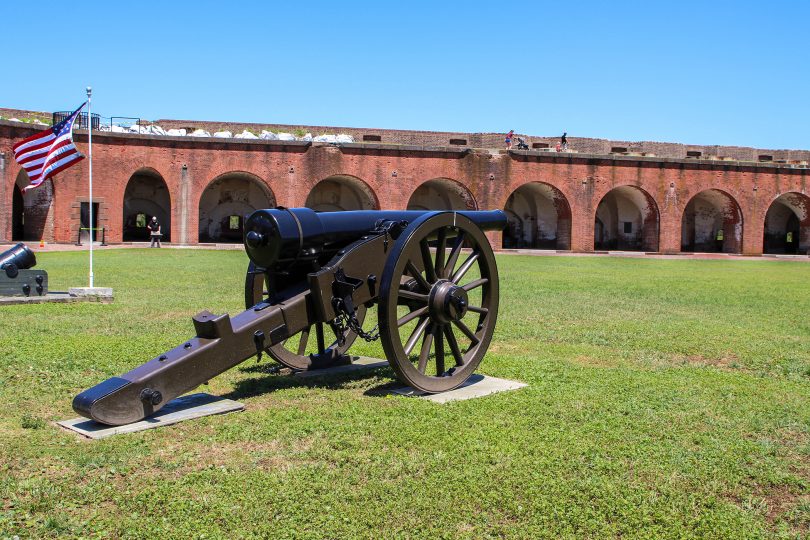 A cannon in front of Fort Pulaski.