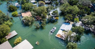 Aerial view of flooded homes