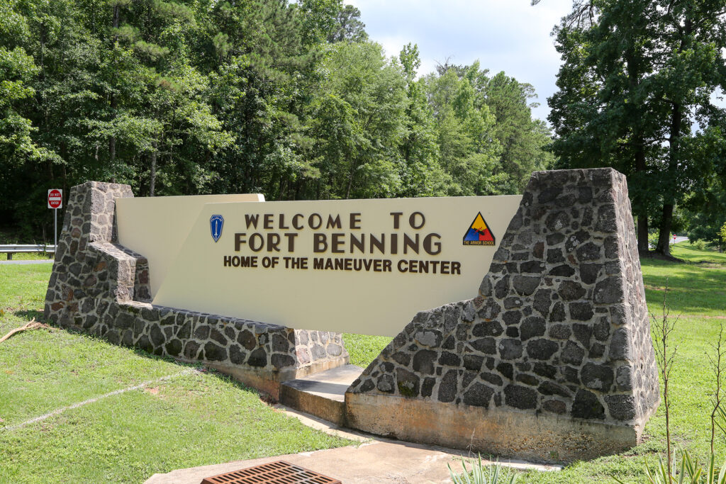 A Fort Benning entrance sign.