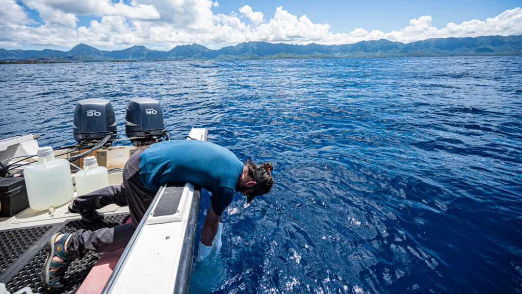 Man leaning over edge of boat to gather water samples.