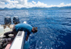Man leaning over edge of boat to gather water samples.