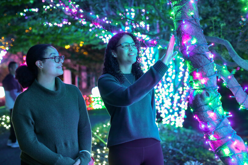 two women looking at light display