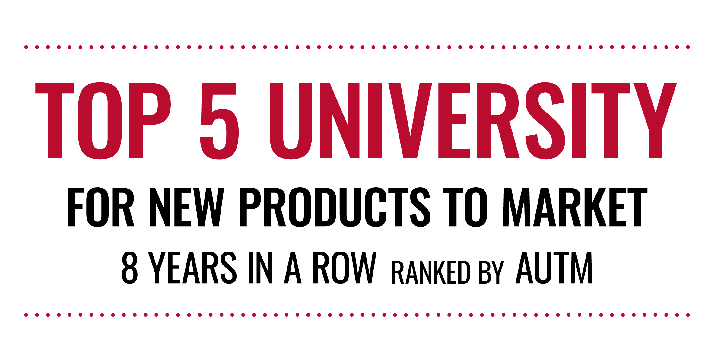 Top 5 University for New Products to Market 8 years in a row, ranked by AUTM