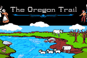 The original artwork for the 1980 version of Oregon Trail, depicting a pixelated illustration of a landscape including a river, trees, and animals. 