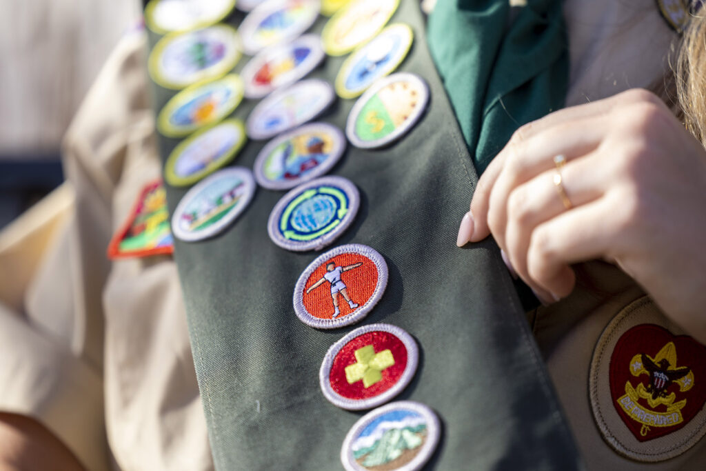 A closeup of the badges she earned as an Eagle Scout.