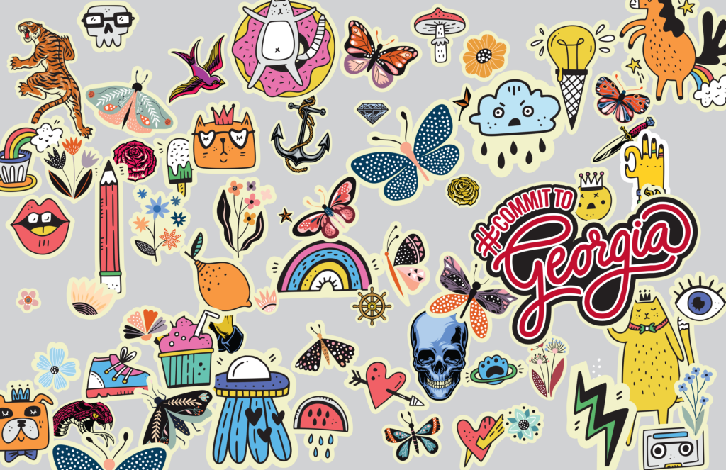 An illustration of a laptop cover covered in cartoon-style stickers