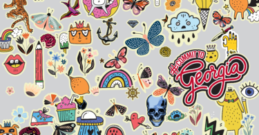 An illustration of a laptop cover covered in cartoon-style stickers