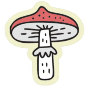 a cartoon illustration of a mushroom with a red cap and white stem
