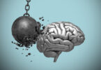 An illustration shows a wrecking ball hitting a brain.