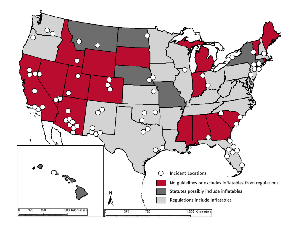 A map of the U.S. is shown depicting states in red, dark gray and light gray according to whether they have laws about inflatable playhouses.