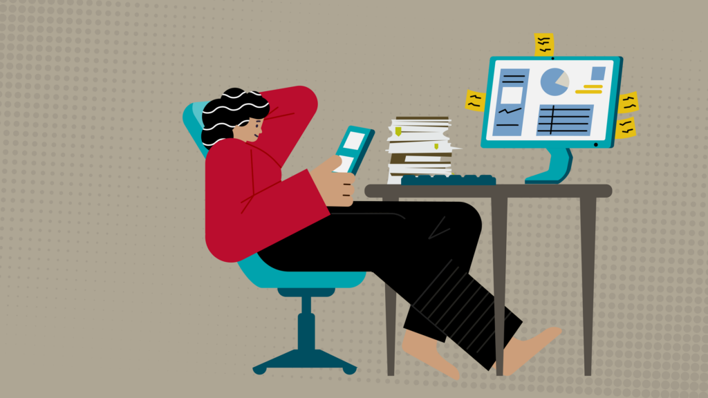 Illustration of a worker leaning back at her desk and looking at her phone.