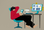Illustration of a worker leaning back at her desk and looking at her phone.