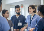 A small group of diverse medical professionals stand in the hallway for a brief meeting. They are each wearing scrubs and focused on the conversation.