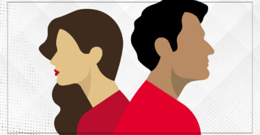 A graphic visual of a man and woman standing back to back facing different directions.