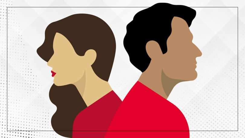 A graphic visual of a man and woman standing back to back facing different directions.