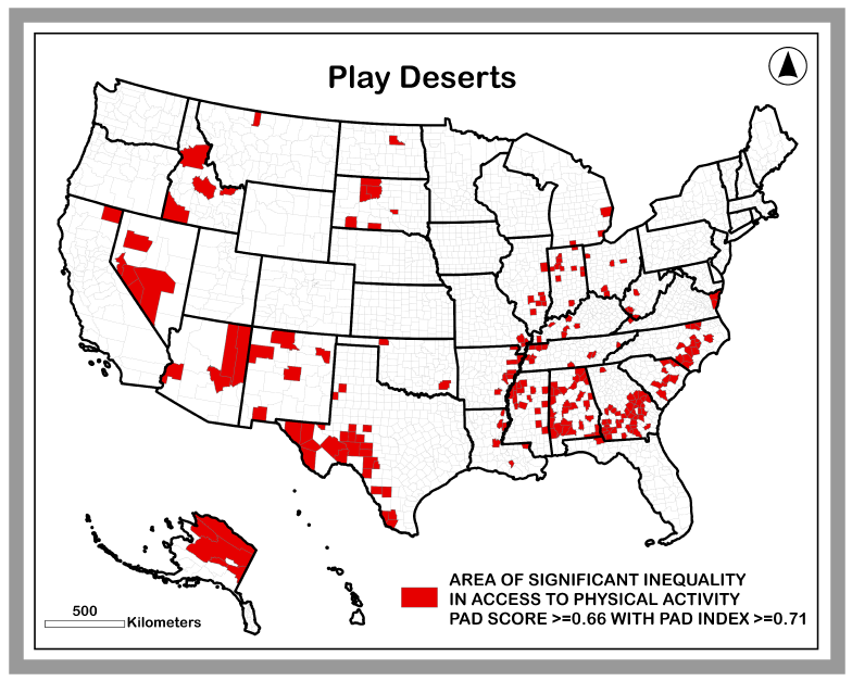 Map of the U.S. showing play deserts, which comprise about 7% of U.S. counties.