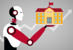 A cartoon image of a robot holding a college in its hands.