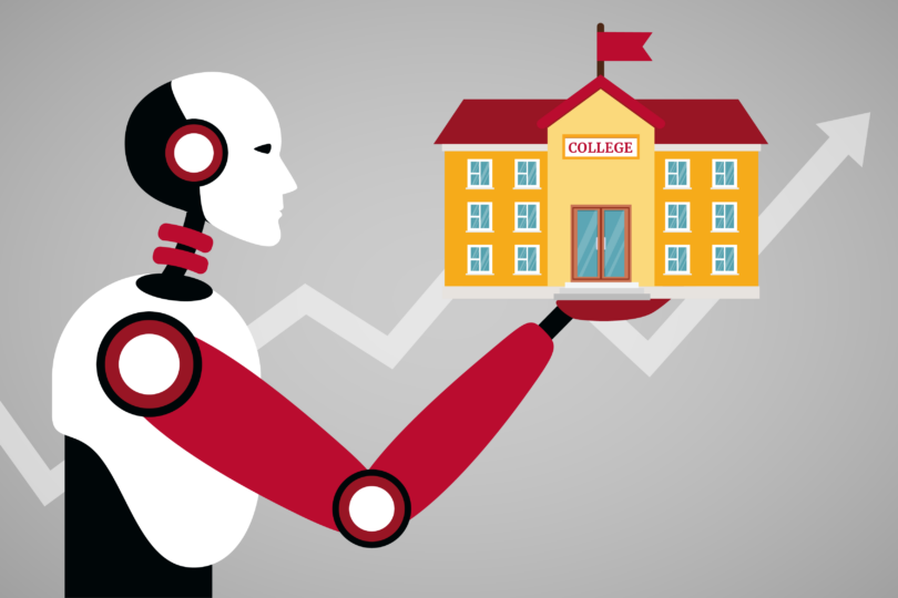 A cartoon image of a robot holding a college in its hands.