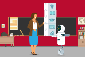 A cartoon image of a robot bringing learning materials to a teacher.