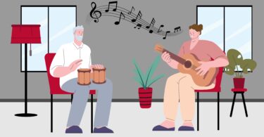 A cartoon image of a music therapy session with a woman playing a guitar and singing while an older man plays the drums.