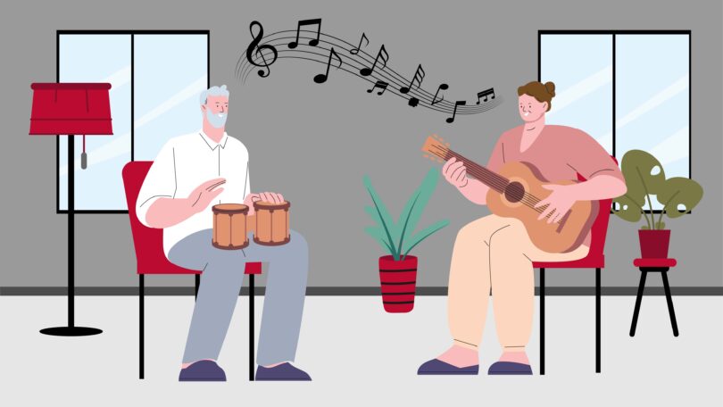 A cartoon image of a music therapy session with a woman playing a guitar and singing while an older man plays the drums.