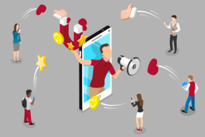 A colorful graphic of a man shouting through a megaphone to gain likes on social media.