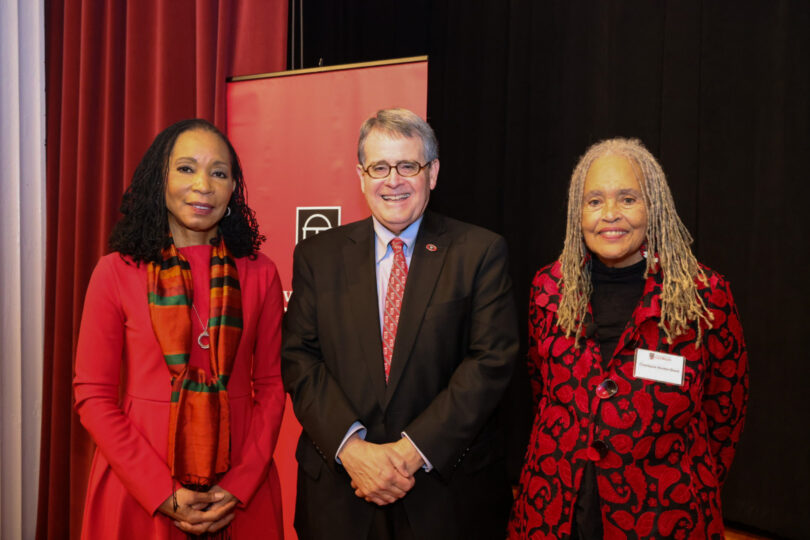 From left, Spelman College President Helene Gayle, UGA President Jere W. Morehead and Charlayne Hunter-Gault are shown at the 2024 Holmes-Hunter Lecture. (Photo by Dorothy Kozlowski/UGA)