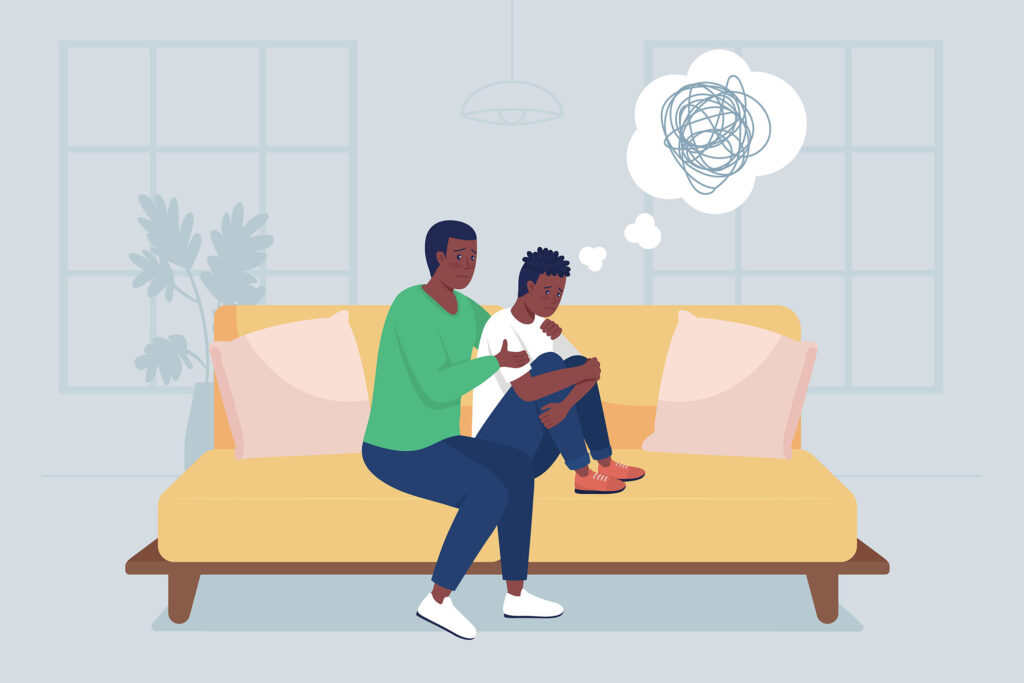 An illustration of a parent comforting their child on a couch.