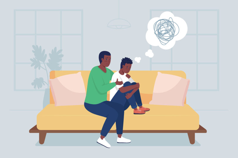 An illustration of a parent comforting their child on a couch.