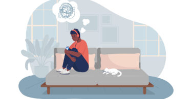 An illustration shows a young man in headphones sitting on the couch with a convoluted thought bubble above his head.