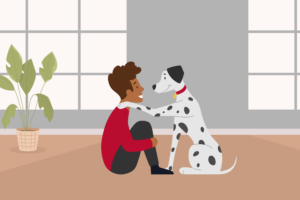 A cartoon image of a young man in a red shirt playing with a spotted black and white dog.