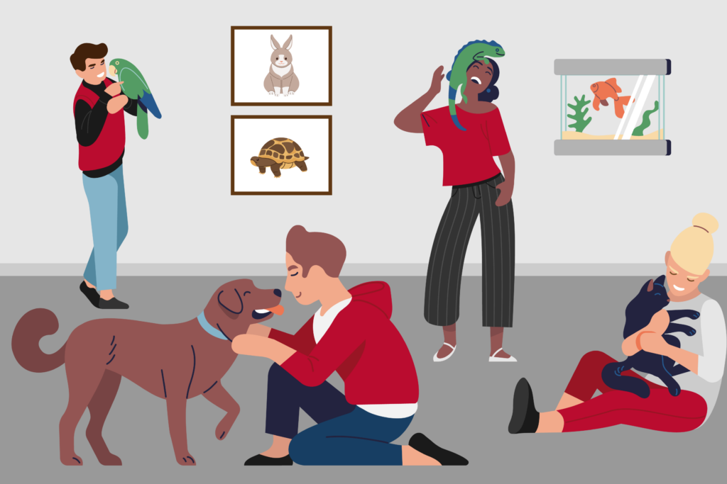 A cartoon image of multiple people in a room playing with different animals including a dog, cat, lizard, and bird.